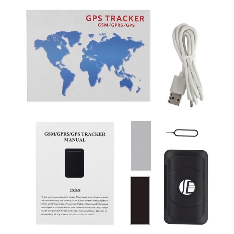 GPS tracker kit with manual, black device, and USB charging cable