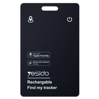 Rechargeable anti-loss card tracker, black front with button and Find My icons