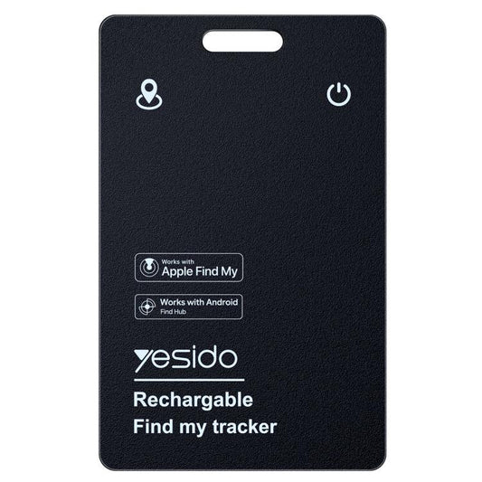 Rechargeable anti-loss card tracker, black front with button and Find My icons