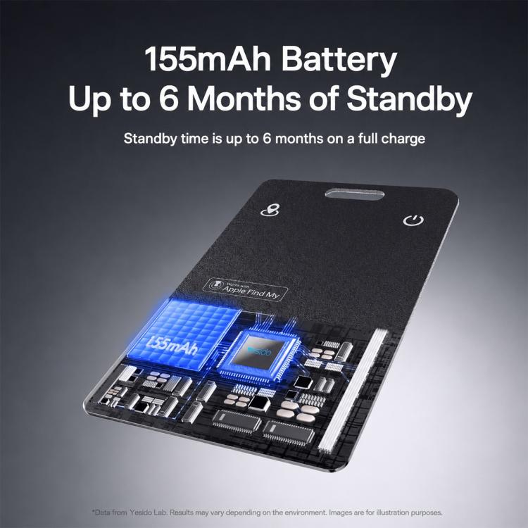 Ultra-slim anti-loss card tracker showing internal battery components, black design