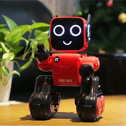Red and black toy robot with glowing eyes and a smiling LED face.