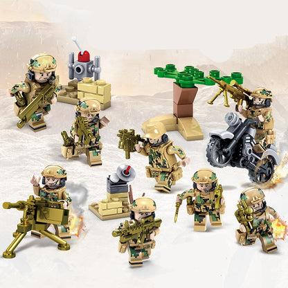 Camouflage soldier block figures with rifles, mounted cannon, and crate accessories