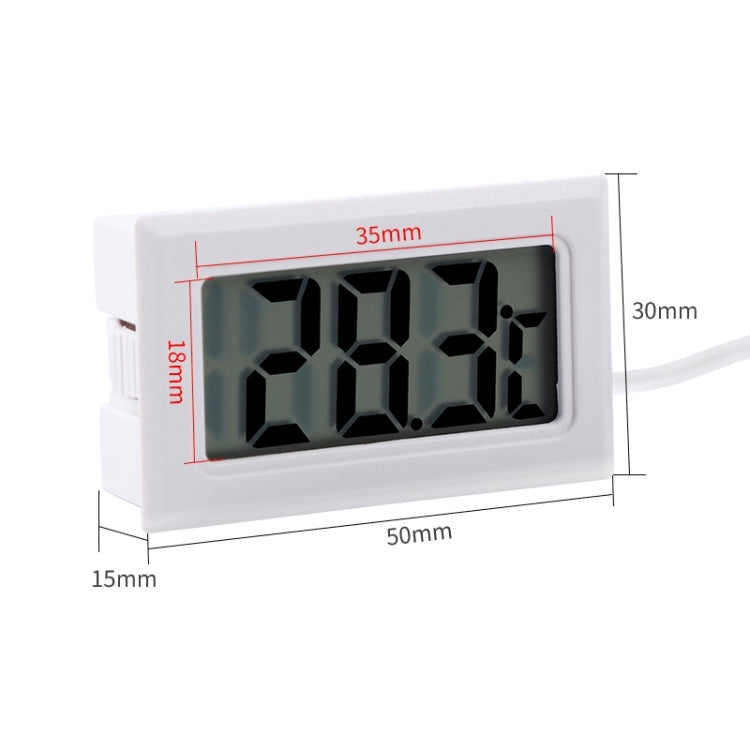 White mini LCD thermometer front view with Celsius display and sensor cable