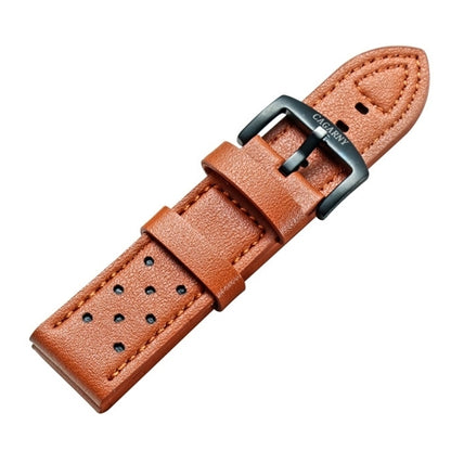 Tan leather watch band with dark metal buckle, perforated strap holes, 24mm width