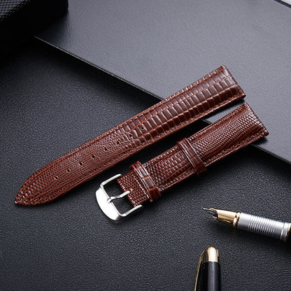 Coffee brown lizard-texture leather watch strap with silver buckle and 24mm width.