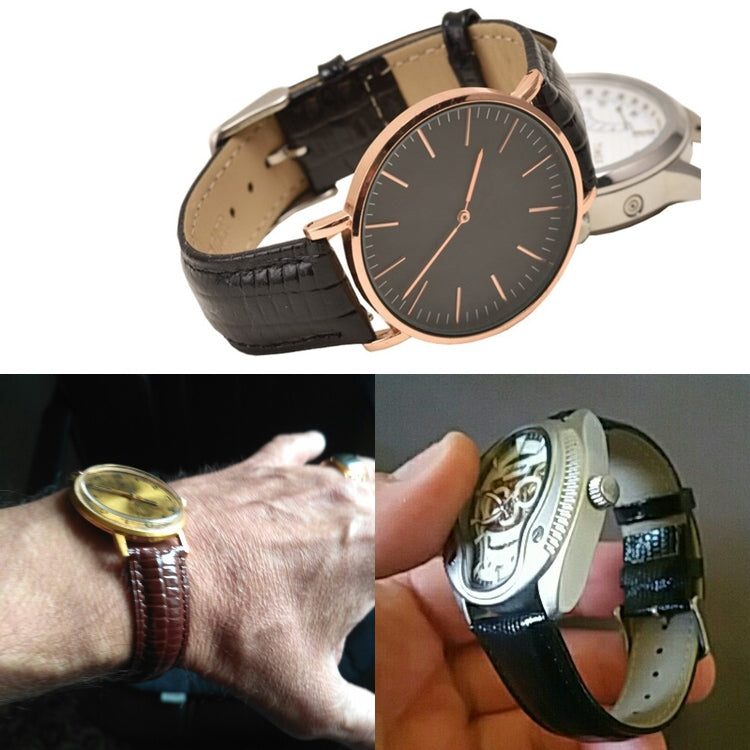 Black lizard-texture leather watch strap with metal clasp on a round watch case.