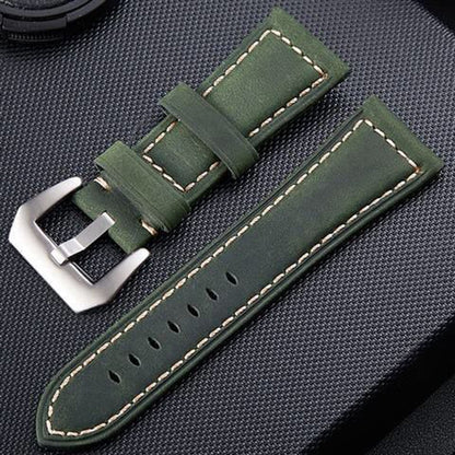 Army green leather watch strap with frosted silver buckle, stitched edges and holes