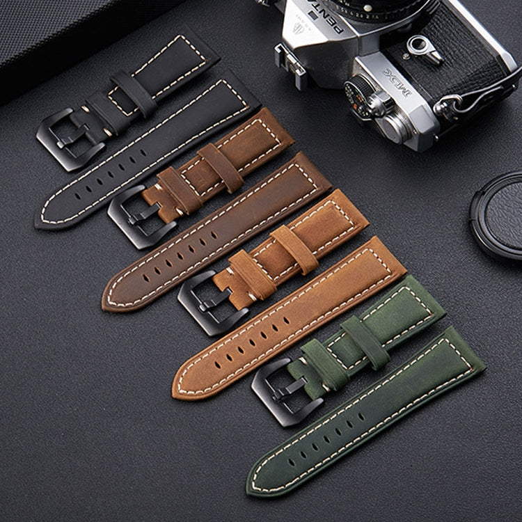 Leather watch strap display with multiple colors, each with buckle and perforated holes
