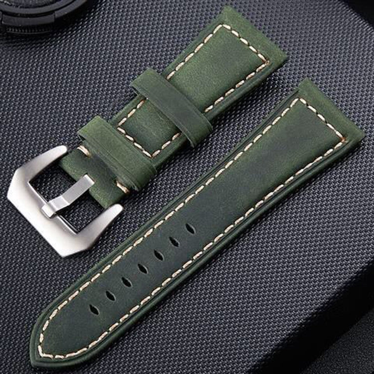 24mm army green leather watch band with silver buckle and stitched perforations