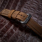 24mm brown leather watch band with black buckle and stitched hole row