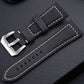 24mm black leather watch band with silver buckle and contrast stitching