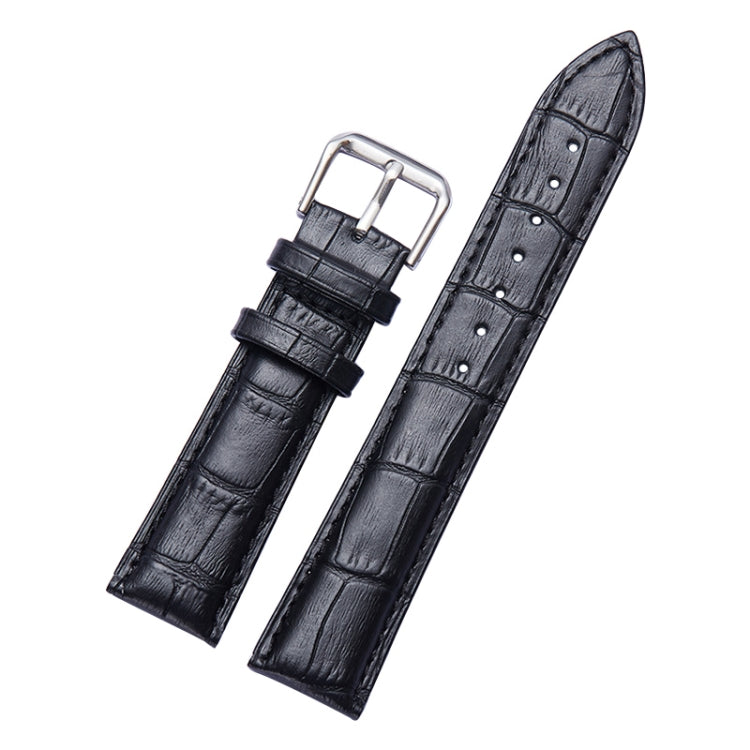 Black leather watch band with metal pin buckle and croc-texture finish, 21mm