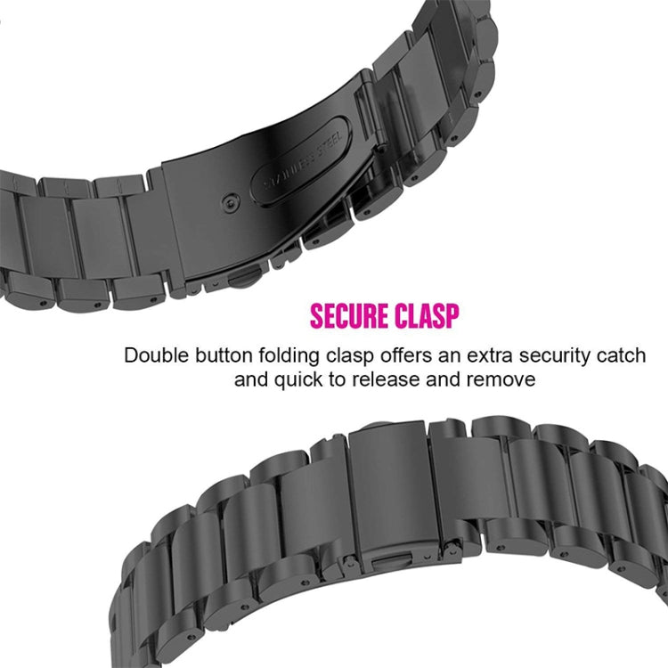 Black watch band with fold-over clasp end and double-button locking detail