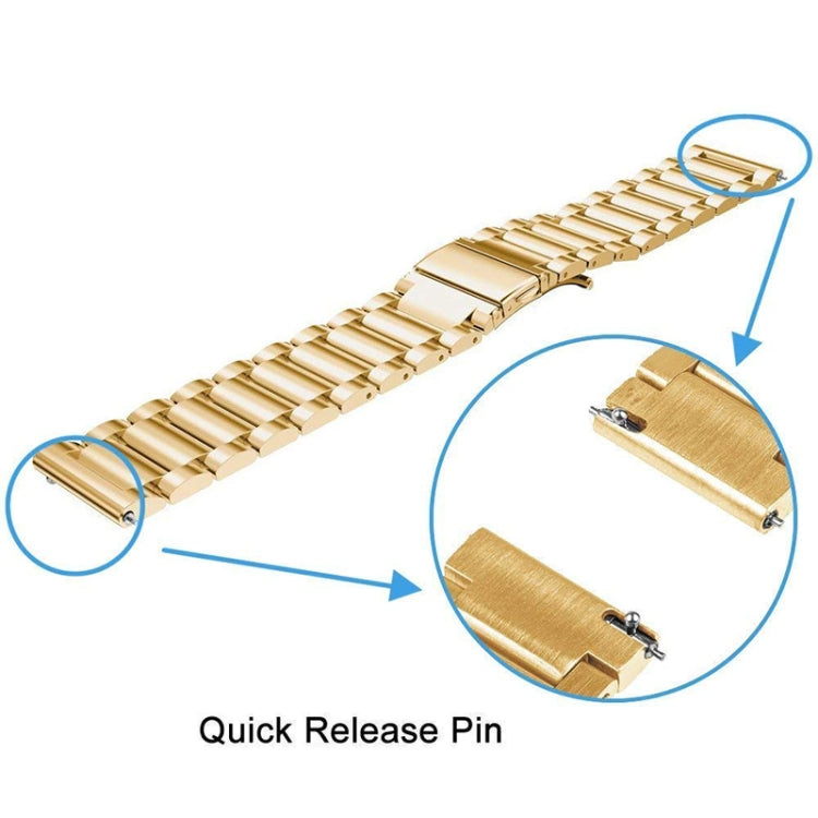 Gold watch band with quick-release pin detail and metal link strap