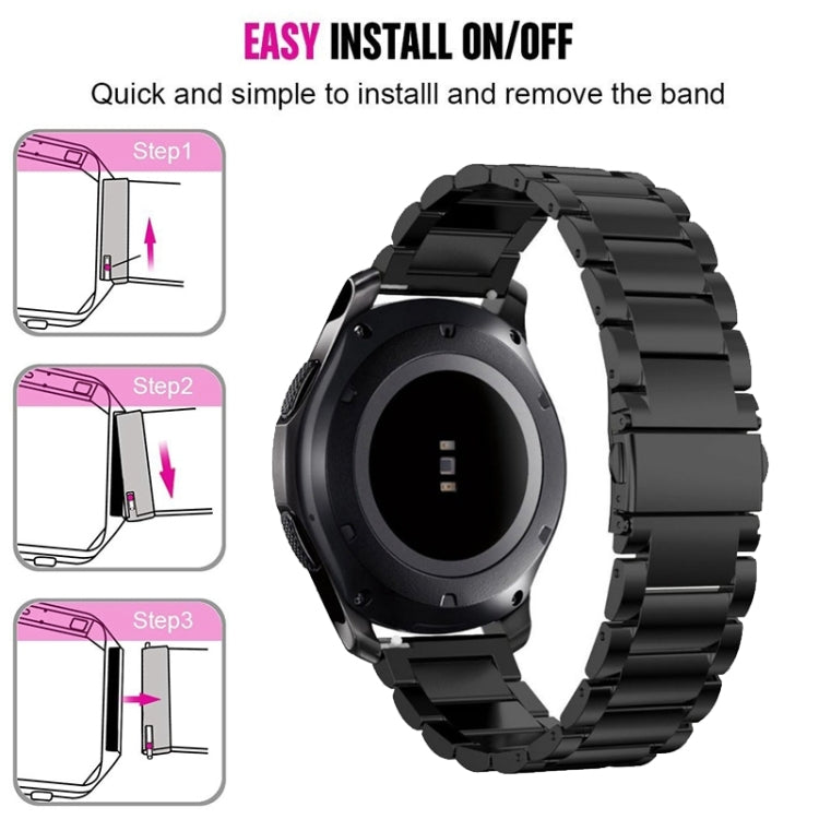 Black stainless steel watch band on smartwatch with fold-over secure clasp
