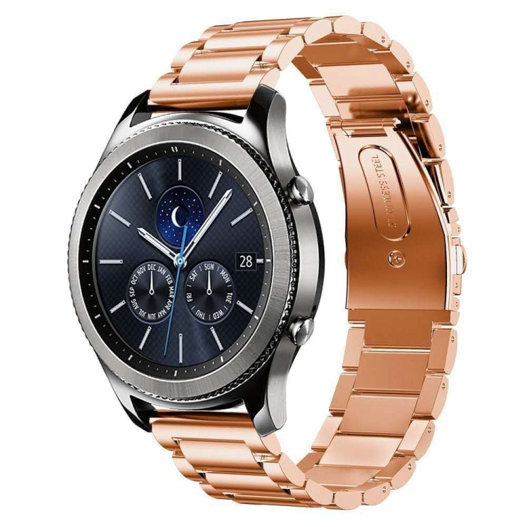 Rose gold stainless steel watch band with blue dial smartwatch, 22mm link strap