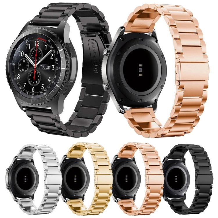 Stainless steel watch bands set with black, rose gold, gold and silver links