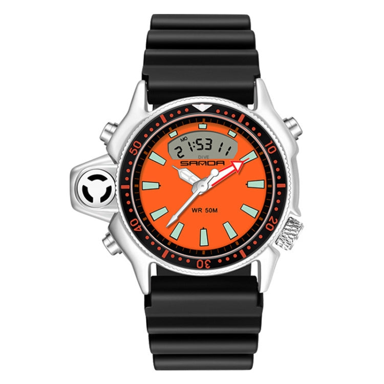 SANDA men’s waterproof digital sports wristwatch with orange dial, black silicone strap