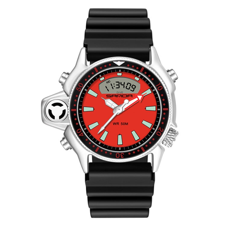 SANDA men’s waterproof digital sports wristwatch with red dial, black silicone strap