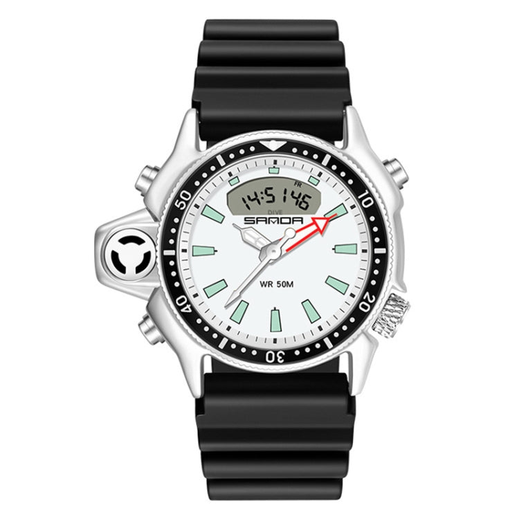 SANDA men’s waterproof digital sports wristwatch with white dial, black silicone strap