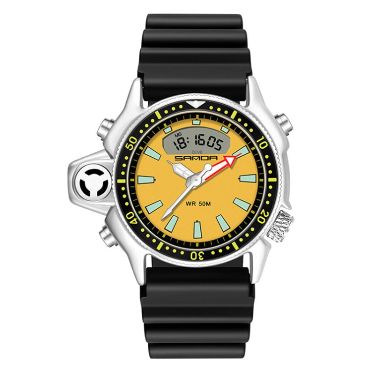 SANDA men’s waterproof digital sports wristwatch with yellow dial, black silicone strap