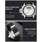 Multifunction sports wrist watch with white dial markers and black resin strap, side view