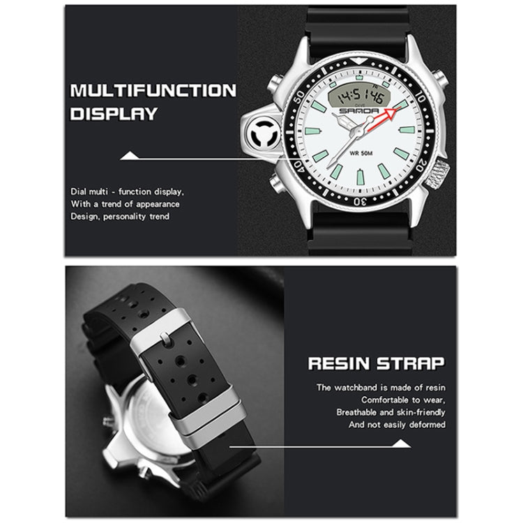 Multifunction sports wrist watch with white dial markers and black resin strap, side view