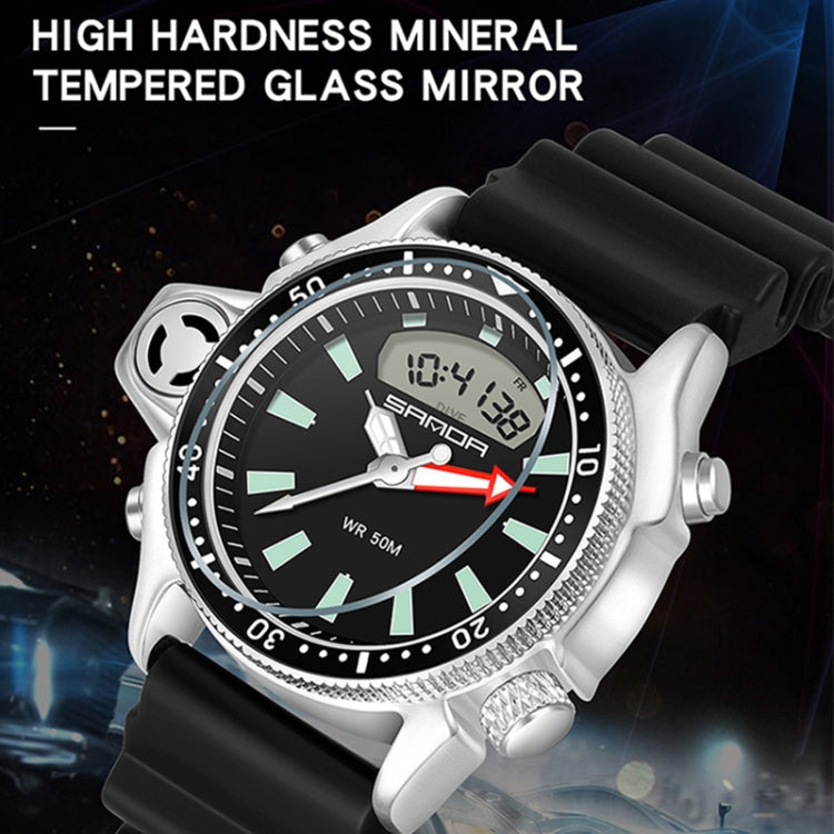 SANDA men’s waterproof digital sports wristwatch with dark dial and black silicone strap
