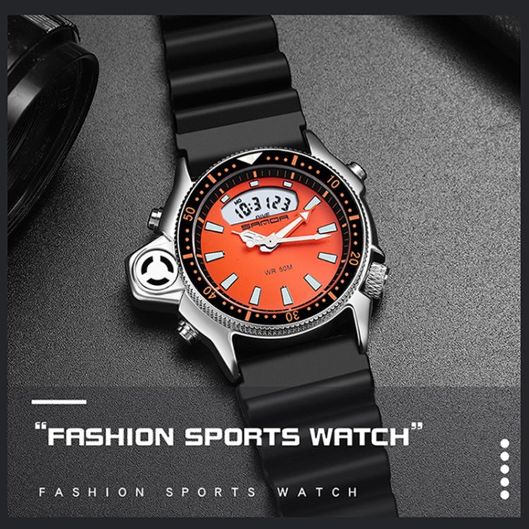 SANDA men’s waterproof digital sports wristwatch with orange dial and black silicone strap