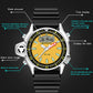 Multifunction sports wrist watch with black rubber strap, orange dial, and luminous bezel markings