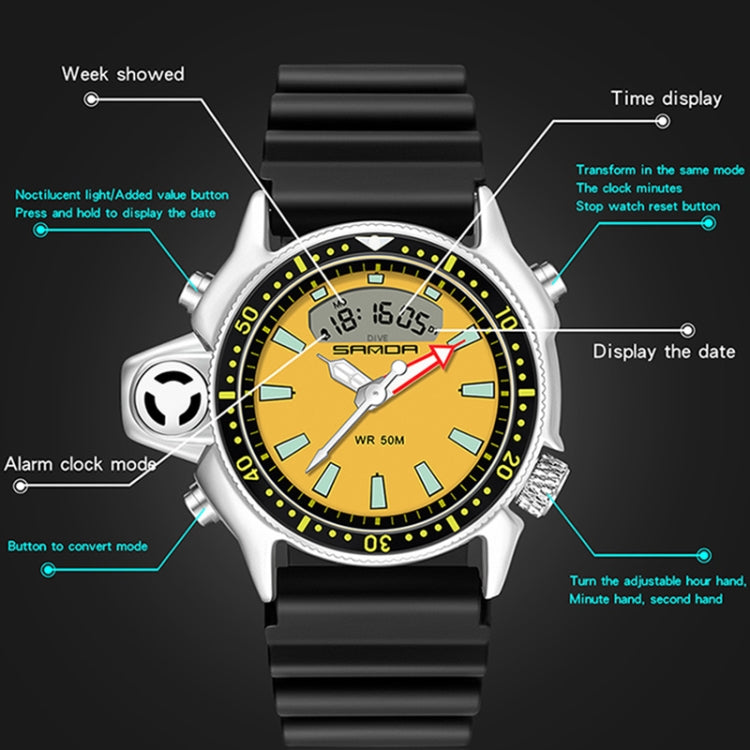 Multifunction sports wrist watch with black rubber strap, orange dial, and luminous bezel markings