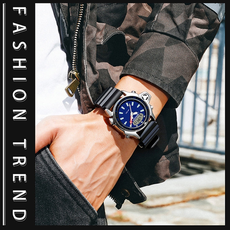 Multifunction sports wrist watch with blue dial and black rubber strap on wrist