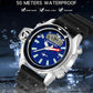Multifunction sports wrist watch with blue dial, black bezel, and water splash background