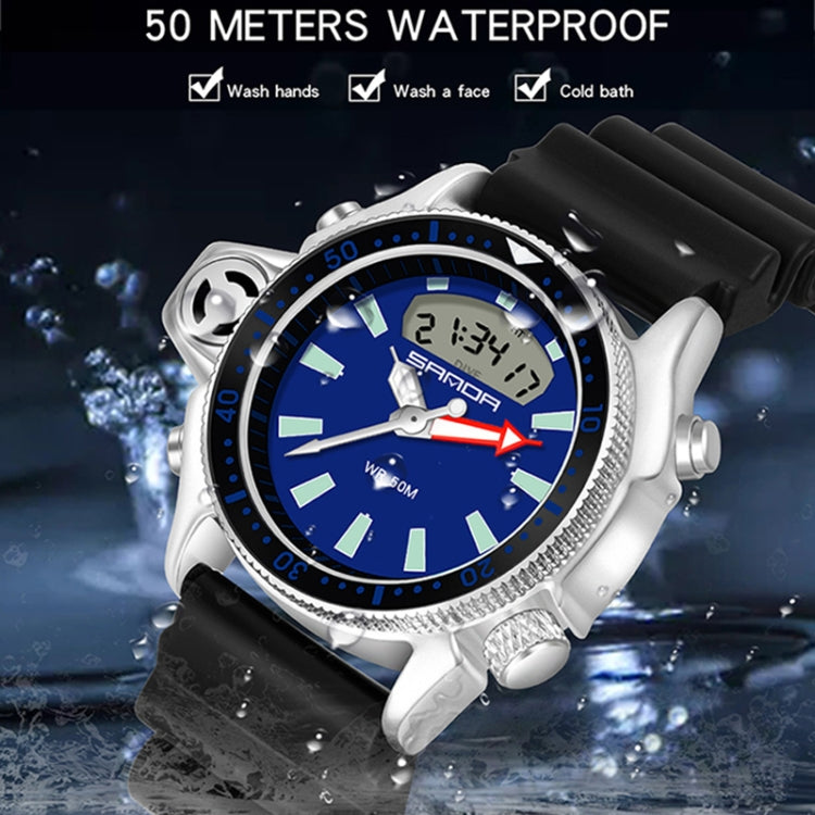 Multifunction sports wrist watch with blue dial, black bezel, and water splash background