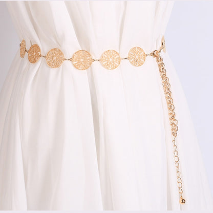 Gold metal waist chain with openwork round coin links and long dangling side