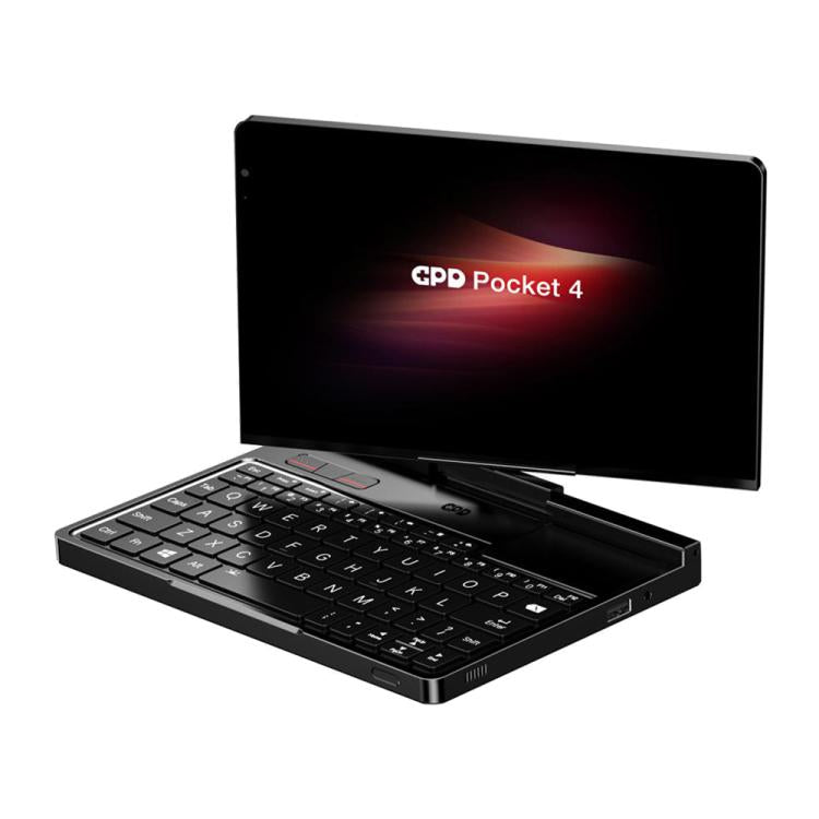 Black handheld gaming PC open with screen showing CPD branding and keyboard
