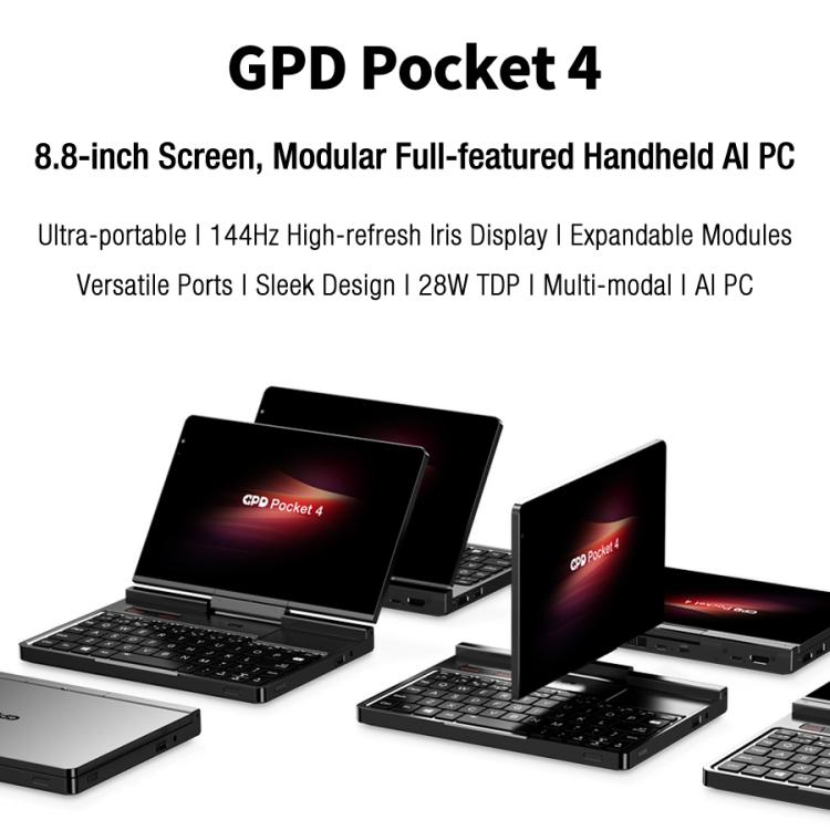 Handheld gaming PC shown in multiple angles with stacked modular accessory modules