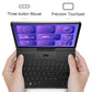Open handheld gaming PC held by hands with purple screen and touch controls