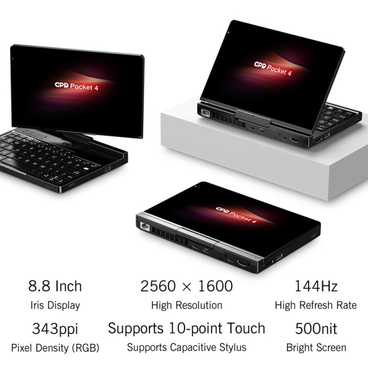 Handheld gaming PC on desk showing screen, ports, and key specs in callouts