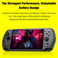 Handheld game console with dark gray controls and bright screen, shown on a yellow panel