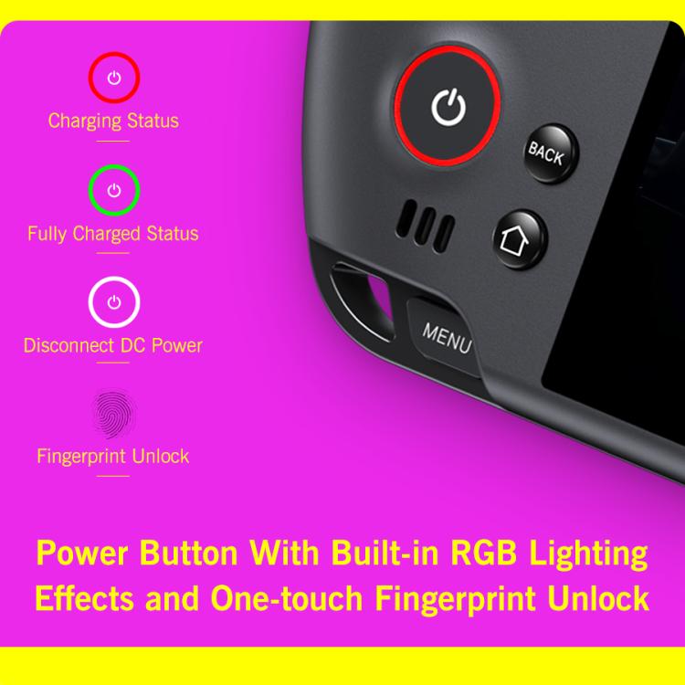Handheld game console power button area with RGB lighting and fingerprint unlock