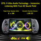 Handheld game console front view with screen display and speaker sound waves