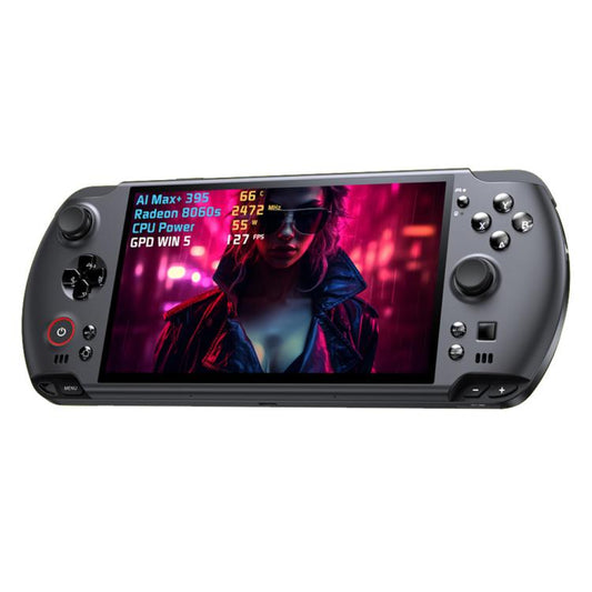 Dark gray handheld game console with 7-inch touchscreen and dual thumbsticks
