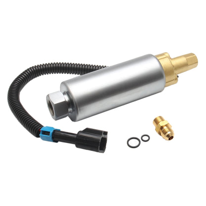 Electric fuel pump with silver body, brass fittings, and black wire harness