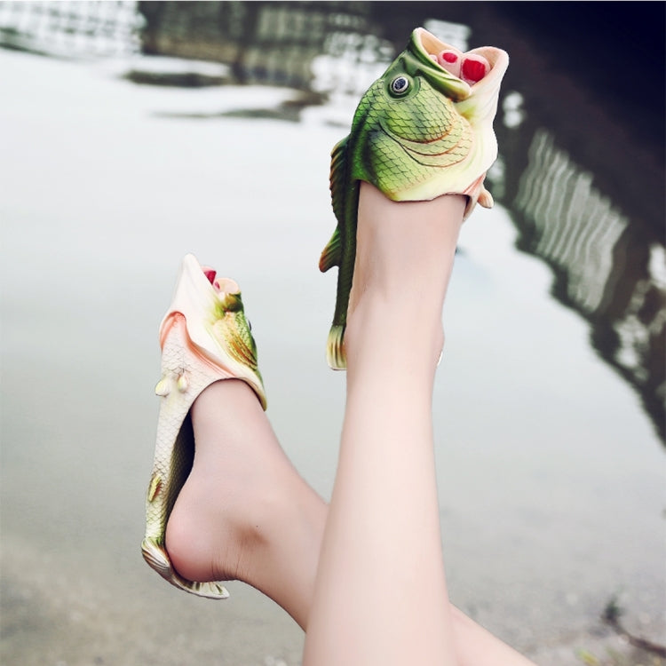 Fish-shaped EVA sandals, lime green and cream, slip-on with fish fin style