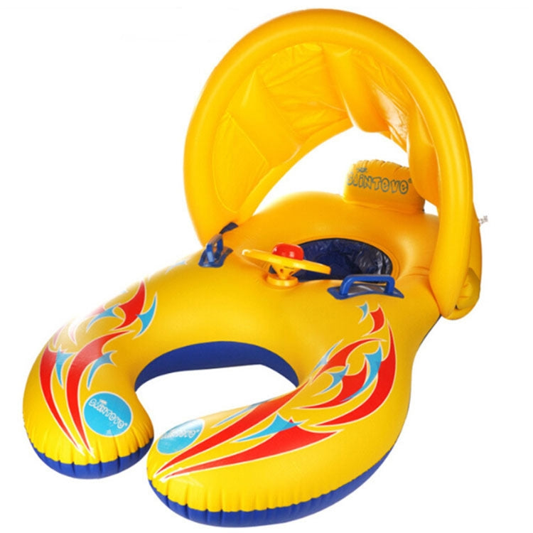 Yellow children's swimming ring with canopy, blue handles, and flame pattern