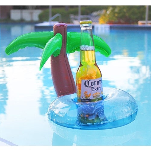 Inflatable coconut tree drink holder with green leaves, brown trunk, and blue floating base