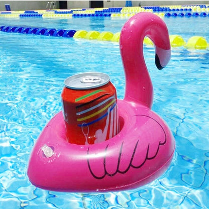 Inflatable pink flamingo shaped floating drink holder with cup can insert
