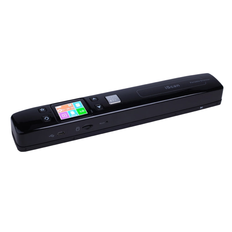 Portable handheld document scanner with LED display and control buttons, black.