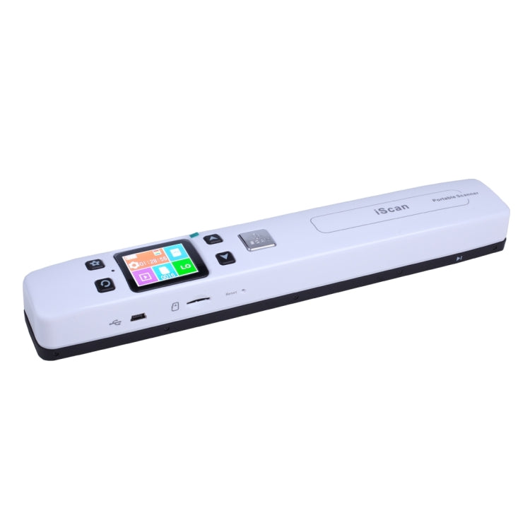 Portable handheld document scanner with LED display and control buttons, white.